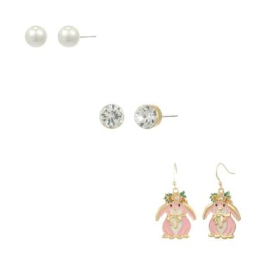 Imagem de Madison Tyler Conjunto de 3 pares de brincos de Páscoa | Brincos de pérola | Brinco de ouro | Brincos de coelho fofos | Brincos de coelho para meninas | Brincos hipoalergênicos para presente de joias