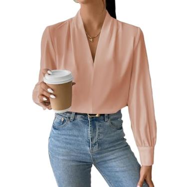 Imagem de EVALESS Camisas de manga comprida para mulheres na moda com decote em V tops de verão elegantes blusas casuais de chiffon ajuste solto blusa de trabalho escritório top, B Rosa, P