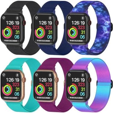 Imagem de Pulseira de relógio de nylon para Apple Watch 1/2/3/4/5/6/7/8/SE, pacote com 6 pulseiras ajustáveis (azul safira, framboesa escura, preto carvão, azul marinho, azul relâmpago, galáxia, 42 mm)