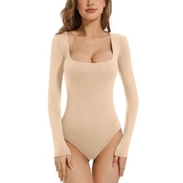 Imagem de KICZOY Body feminino de malha com decote em V e manga comprida, roupas sensuais, camisas de festa, Camelo (pescoço quadrado sólido), PP