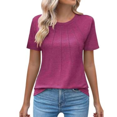 Imagem de Camiseta feminina plissada, gola redonda, cor sólida, folgada, manga curta, túnica casual de verão, Vermelho, P
