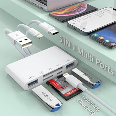 Imagem de Leitor de cartão Lightning multi 5 em 1 + tipo C + USB A para iPhone/iPad/Android/Mac Book/computador/tablet/câmera/disco rígido/pen drive, adaptador de memória OTG para SD/Micro SD/SDHC/SDXC/MMC —