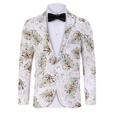 Imagem de TURETRENDY Blazer masculino estampado casual slim fit um botão casaco esportivo festival festa jaqueta, Branco (Leafwhite), XG