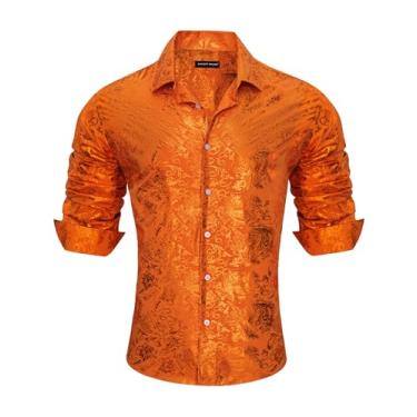 Imagem de Barry.Wang Camisetas masculinas Paisley Muscle Shirt vestido de seda botão manga longa regular tops moda flor casamento/formal, Estampa laranja, 3G