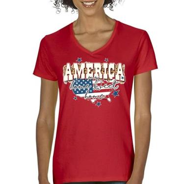 Imagem de Camiseta feminina America My Home Sweet Home gola V 4th of July Stars and Stripes Pride American Dream Patriotic USA Flag Tee, Vermelho, G
