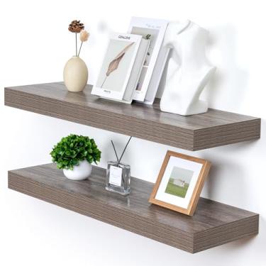 Imagem de FLYJOE Prateleiras flutuantes profundas | Conjunto de 2 prateleiras flutuantes cinza de 91 polegadas | Prateleiras de madeira rústica de 30 cm de profundidade para parede | 91 cm L x 30 cm P