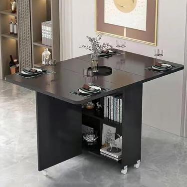 Imagem de Mesa de jantar dobrável para cozinha, mesa de jantar moderna em folha suspensa Mesa de cozinha expansível com 6 rodas, mesa extensível dobrável para economia de espaço com armazenamento de 2