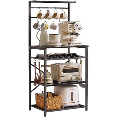 Imagem de YMYNY Rack de padeiro de cozinha, suporte de forno de micro-ondas com prateleiras de armazenamento, estação de café industrial, com suportes de vinho ajustáveis e ganchos em S, armação de metal,