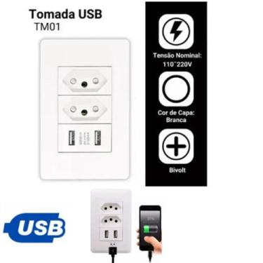 Imagem de Tomada Dupla Espelho Com Duas Portas 2 Usb 10a 5v Parede Cor Branco - 