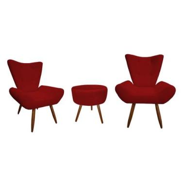 Imagem de Kit 2 Poltronas Decorativa Emilia + Puff Redondo Suede Vermelho Pés Ma