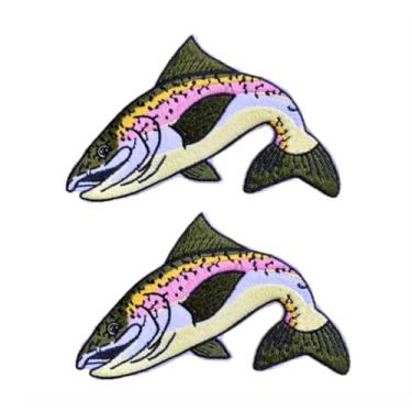 Imagem de 2 peças, vida selvagem, truta arco-íris, pesca, boa qualidade, costura/passar, aplique tático decorativo 100% bordado, aplique tático para bonés, chapéus, equipamentos ao ar livre, jaquetas, roupas,