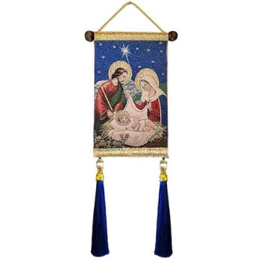 Imagem de Needzo Tapeçaria de parede Sagrada Família Presépio São José Ícone da Virgem Maria, presente de decoração de Natal, com borlas e pérolas falsas 33 1/2 polegadas