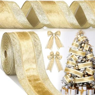 Imagem de Craftsatin Fita de Natal com glitter com fio de 10 cm de largura com borda com fio fitas de tecido para decoração laços de embrulho de presente guirlanda de árvore de Natal artesanato DIY (ouro, 20