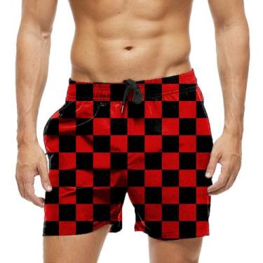 Imagem de Short Praia Shorts Banho Bermuda Verão Xadrez Vermelho Preto 761 - SMO