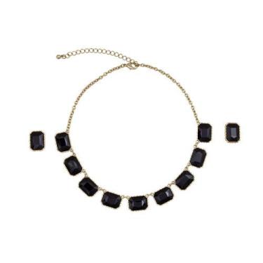 Imagem de Conjunto Colar e Brinco Strass ST9044 - Akasaki, Dourado, Preto