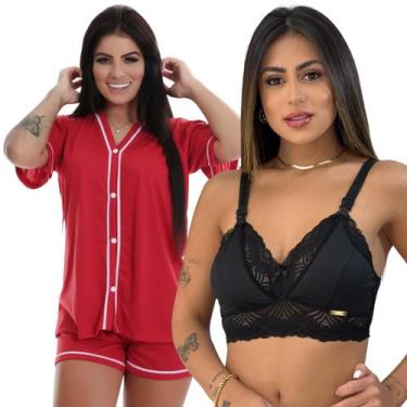 Imagem de Kit Pijama Amamentação + Sutiã Amamentação Renda Gestante - Charme Del