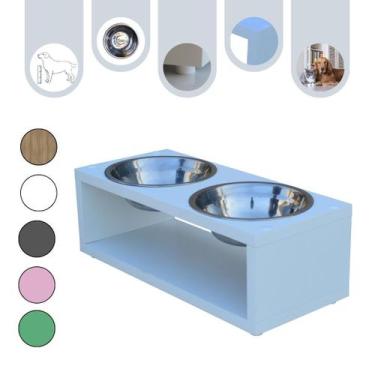 Imagem de Comedouro Elevado Duplo Pet Gato Cachorro Mdf Luke - Inox - Branco - M