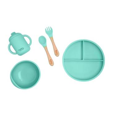 Imagem de Freso Baby Kit Alimentação De Bebê Silicone Atóxico Livre Bpa Introdução Alimentar Blw Tigela Prato Ventosa Talher Infantil Fácil De Limpar Cor Verde