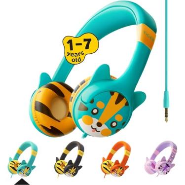 Imagem de Kidrox Tiger-Ear Fones de ouvido infantis para meninos/meninas – 85dB de volume limitado, fones de ouvido com fio para escola, faixa de cabeça ajustável, cabo sem embaraços, design fofo, fones de ouvido infantis turquesa pequenos na orelha