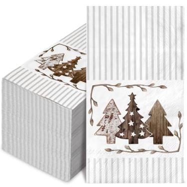 Imagem de AnyDesign Pacote com 80 guardanapos para convidados de feliz Natal marrom cinza listrado árvore de Natal guardanapo de papel descartável decoração de jantar de festa de Natal toalha de guardanapo de