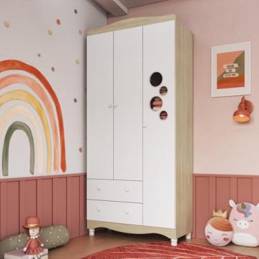 Imagem de Guarda-roupa Infantil 3 Portas e 2 Gavetas com Nichos e Cabideiro para Quarto de Bebê