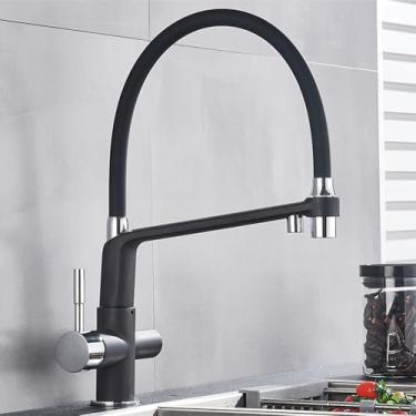 Imagem de Torneira de cozinha cromada preta para água pura, rotação de 360 graus, filtro branco retrátil, torneiras de guindaste, torneiras misturadoras quentes e frias, preta