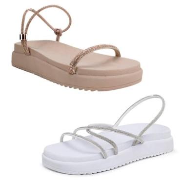 Imagem de Novo Hábito, Kit 2 Sandália Feminina Papete Tiras Strass Brilho Crystal Cor:Bege e Branco;Tamanho:40