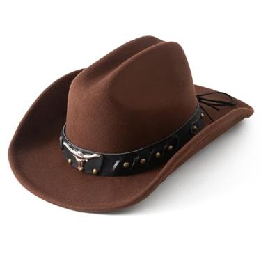 Imagem de Lanzom Chapéu de caubói para mulheres e homens com aba larga modelável, chapéus ocidentais de feltro para cowboys e vaqueiras (EUA, alfa, médio, grande, café)