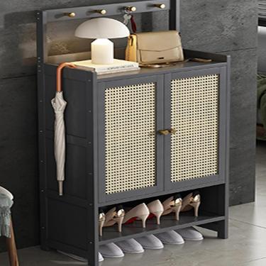 Imagem de Armário de armazenamento de sapatos de vime de plástico, armário de sapatos de bambu, armário de armazenamento de sapatos oculto para corredor, porta-sapatos autônomo com 1~4 portas e ganc