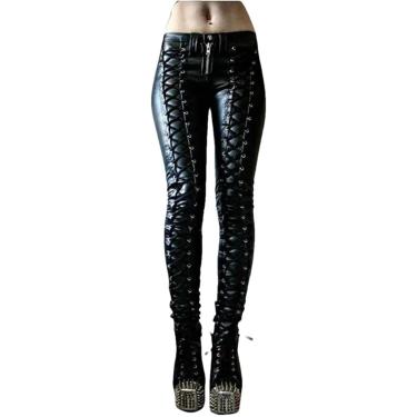 Imagem de Calça feminina vintage longa de motociclista com zíper e rebite, calça lápis gótica de couro PU, vermelha, 4XL