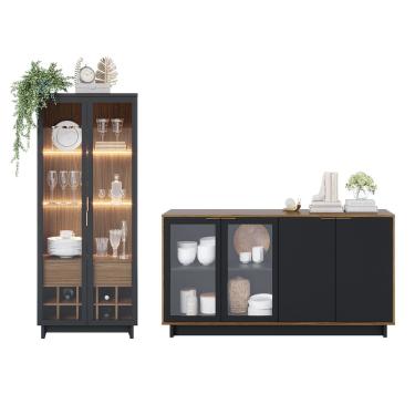 Imagem de Buffet Aparador Vitória com Cristaleira Guanabara Noce Milano/ Preto Fosco - Colibri 