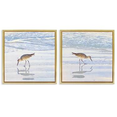 Imagem de Stupell Industries Conjunto de arte de parede em tela emoldurada Seaside Sandpiper Birds 2 peças flutuador dourado por Christine Zalewski, 63 x 63 cm