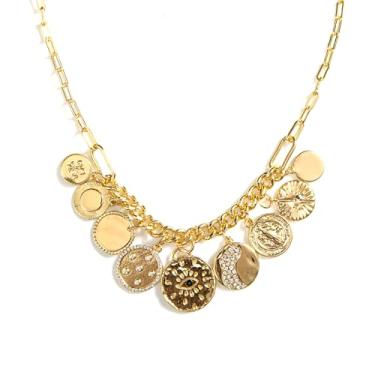 Imagem de Colar com pingente para mulheres, colar grosso dourado, olho turco, sol, lua, flor, moeda, pingente de moeda, colar delicado feito à mão, joia feminina, big, Alumínio, Sem Pedra Preciosa