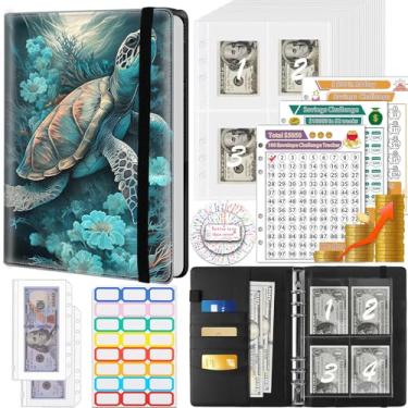 Imagem de Fichário para economizar dinheiro, 100 envelopes, desafio de economia de dinheiro, fichário de orçamento e 3 rastreadores de orçamento, livro de couro PU A5 para economizar dinheiro, tartaruga, coral