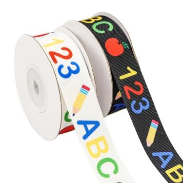 Imagem de 2 rolos de 20 metros de fita de volta às aulas para artesanato 2,5 cm de largura, régua de lápis ABC fitas de professor decorações de volta às aulas tecido artesanato decorativo para laços, embrulho