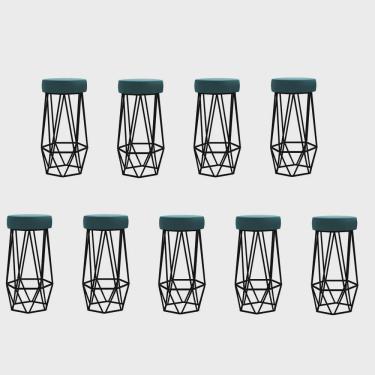 Imagem de Kit 09 Banqueta Com Encosto Mhara Hexágono Cozinha Bar Ferro Preto Suede Azul Turquesa - Ahz Móveis