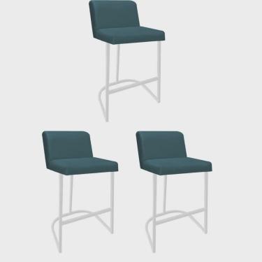 Imagem de Kit 03 Banquetas Com Encosto Noah Luxo Confort Bistrô Cozinha Ferro Branco Suede Azul Turquesa - Ahz Móveis