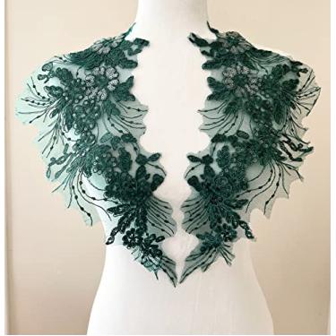 Imagem de PEPPERLONELY 1 par de apliques de renda com lantejoulas e flor costurada, aplique de renda bordada, vestido de noiva, enfeite de cabeça, acessórios de roupas, 41 x 20 cm, verde
