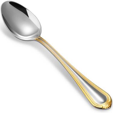 Imagem de KEAWELL Conjunto De 4 Colheres Premium Pearl Edge, Aço Inoxidável 18/10, Prata Fina Com Design Refinado Contas, Polimento Brilhante, Laváveis Na Máquina Lavar Louça (Com Detalhes Dourados, Jantar 7,