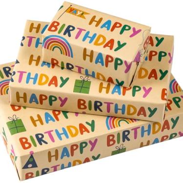 Imagem de WRAPAHOLIC Folha de papel de embrulho de aniversário Kraft - 6 folhas de papel de embrulho de feliz aniversário colorido dobrado para crianças, chá de bebê, festa, feriado - 40 cm x 70 cm por folha