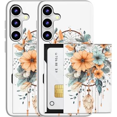Imagem de MUQR Compatível com Samsung Galaxy S25 Plus / S24 Plus Capa fofa Kawaii, capa carteira com porta-cartão feminino para mulheres meninas apanhador de sonhos com flores azul amarelo