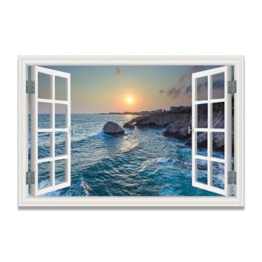Imagem de Imagens de árvore grande e praia decoração de arte de parede para sala de estar oceano pintura de parede estilo moldura de janela falsa impressão em tela oceano paisagem natural decoração de arte 90 x