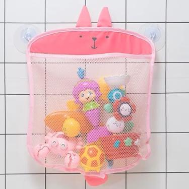 Imagem de Organizador de Brinquedos para Banheiro, Banho, com Ventosas, Infantil Design de Urso e Tubarão, Azul e Cinza, Rede de Malha para Armazenamento (Rosa)