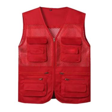 Imagem de Colete De Pesca Casual Masculino, Colete De Pesca Fotográfico Sem Mangas Com Zíper E Malha Respirável Com Vários Bolsos Para Homens, Jaqueta Leve Para Caça E Trabalho Ao Ar Livre(Red,3X-Large)