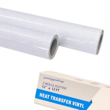 Imagem de guangyintong Rolos de vinil HTV de transferência de calor branco com glitter, 2 rolos de 30,5 cm x 3,7 m, ferro em vinil, para camisetas, glitter, branco, vinil HTV para todas as máquinas cortadoras