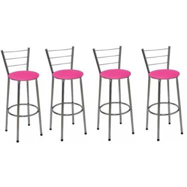 Imagem de Kit 4 Banquetas Altas Cromada com Encosto Assento Rosa - Fortmix