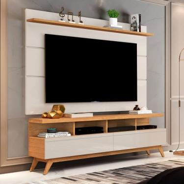 Imagem de Rack com Painel para Tv 60 Polegadas Pés em Madeira Maciça Marrom/Off White