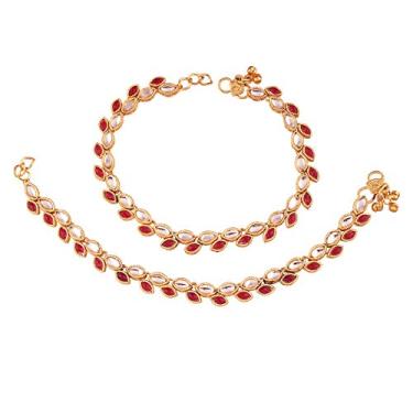 Imagem de Tornozeleira feminina I Jewels banhada a ouro estilo tradicional bollywood étnico Kundan com pino / bijuteria descalço (A027M)