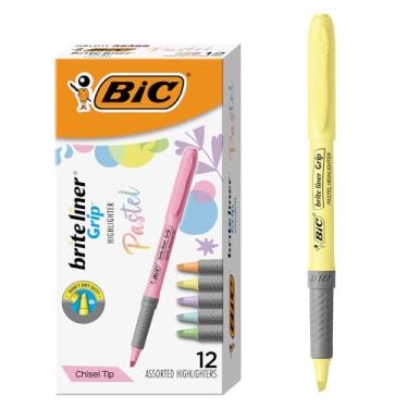 Imagem de BIC Brite Liner Grip Conjunto de marca-texto pastel, ponta de cinzel, pacote com 12 unidades de cores sortidas, marcadores bonitos para exercícios de diário, anotações e mais