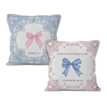 Imagem de VRW Capas de almofada cristãs 45,7 x 45,7 cm, coquete rosa azul xadrez, versículo bíblico, capas decorativas para quarto feminino, conjunto de 2 fronhas